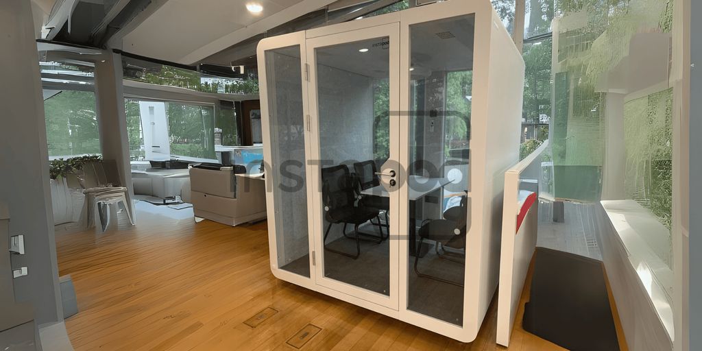 Modern office space featuring a glass meeting pod and seating.