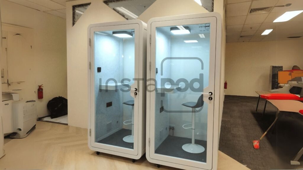 Two soundproof booths in an office-like environment.