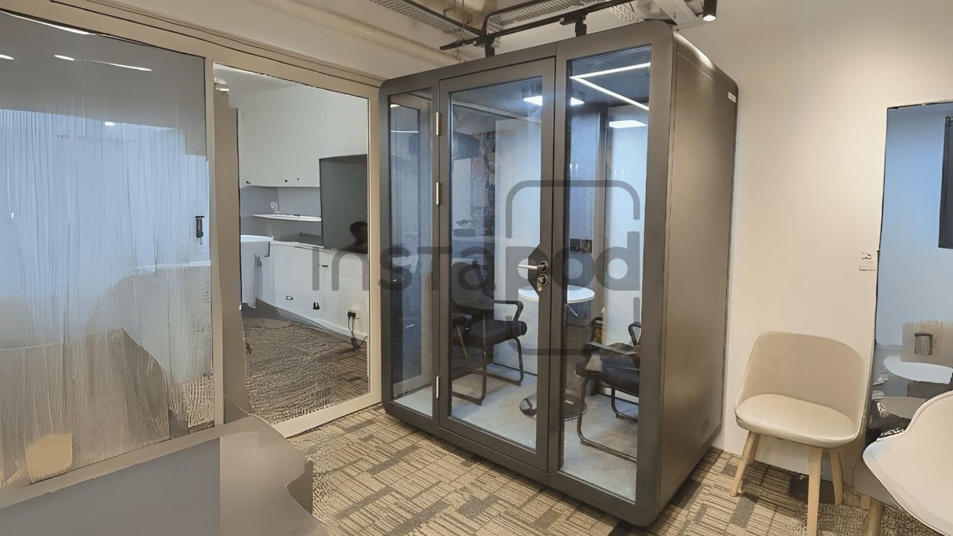 Modern office space featuring a glass meeting pod.