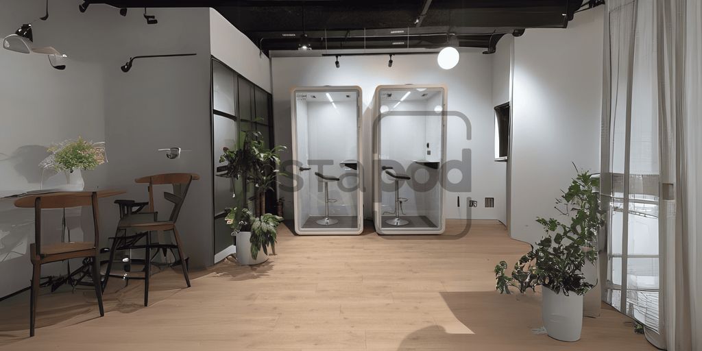 Modern office space with two glass phone booths and plants.