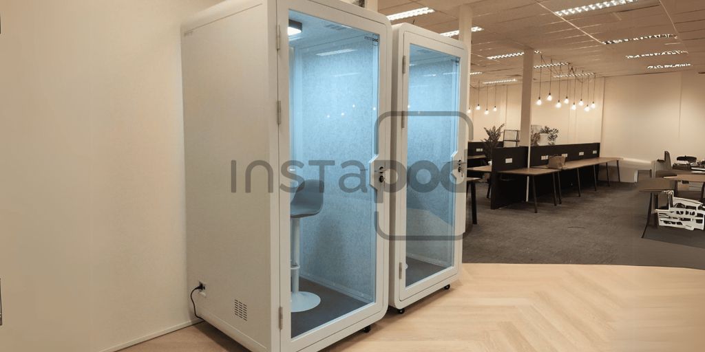 Two soundproof booths in a modern office environment.