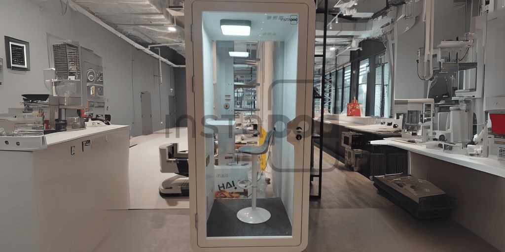 A modern, minimalist space featuring a transparent booth and equipment.