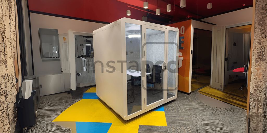 Modern office space with soundproof meeting pod and colorful flooring.