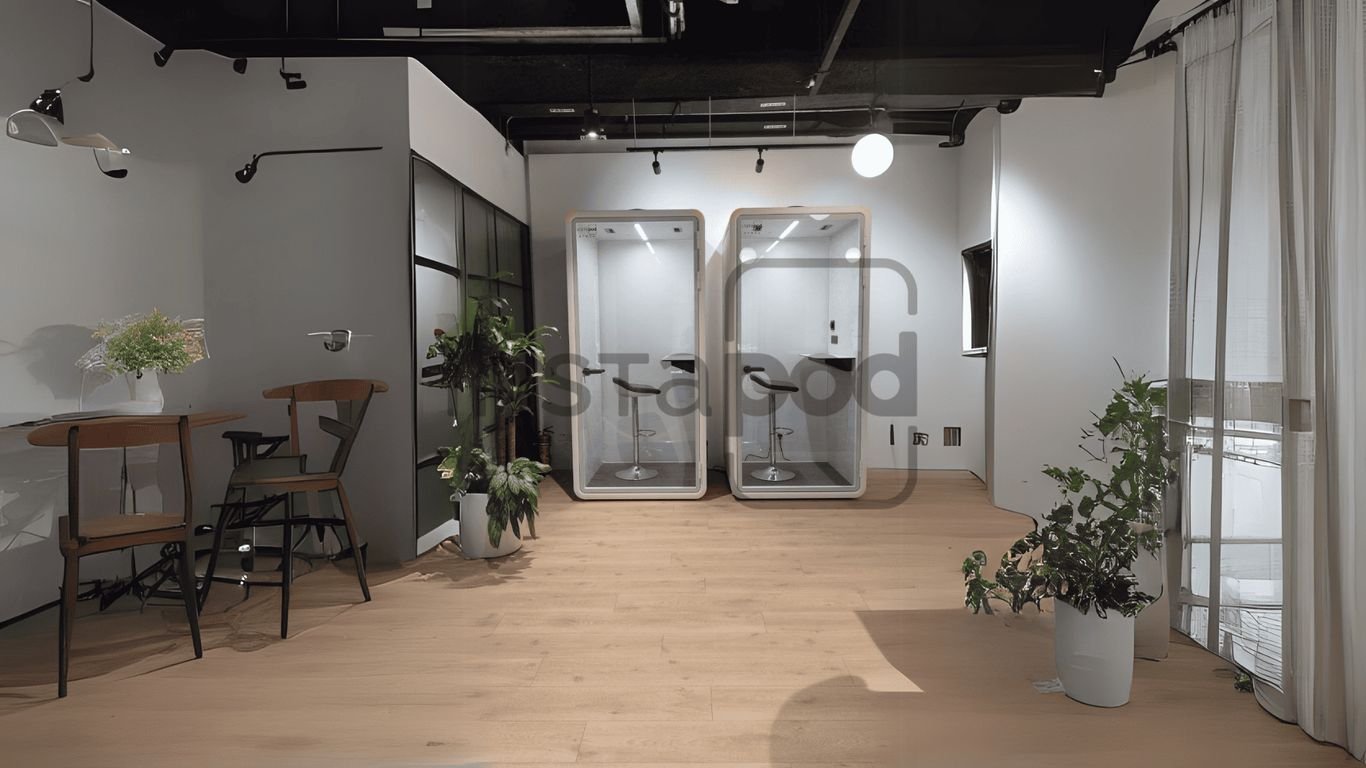 Modern office space with two glass phone booths and plants.