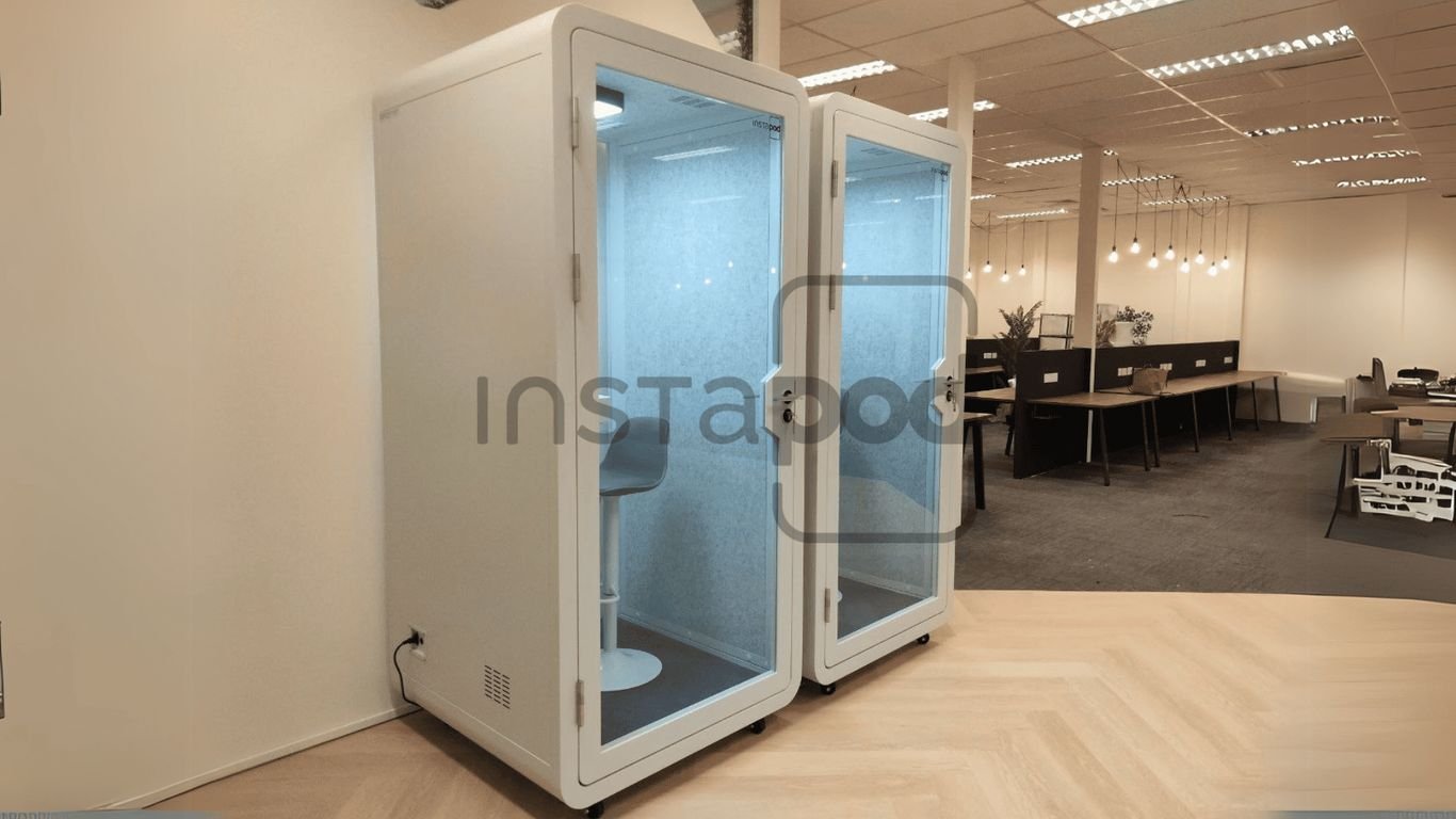 Two soundproof booths in a modern office environment.