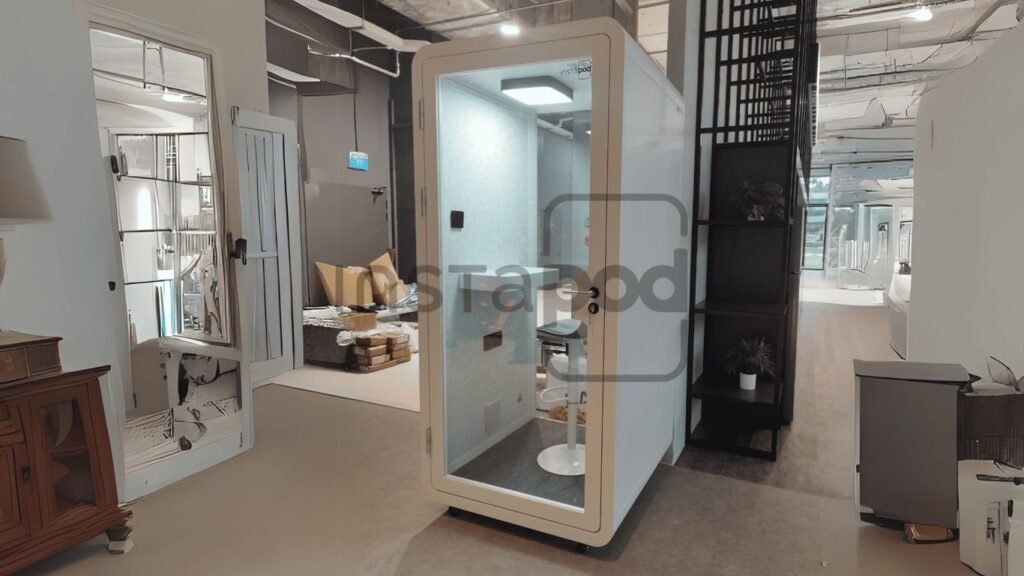 Modern soundproof pod in a stylish office environment.