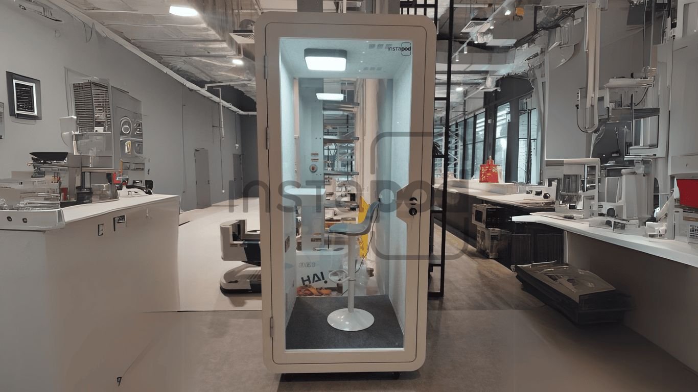 A modern, minimalist space featuring a transparent booth and equipment.