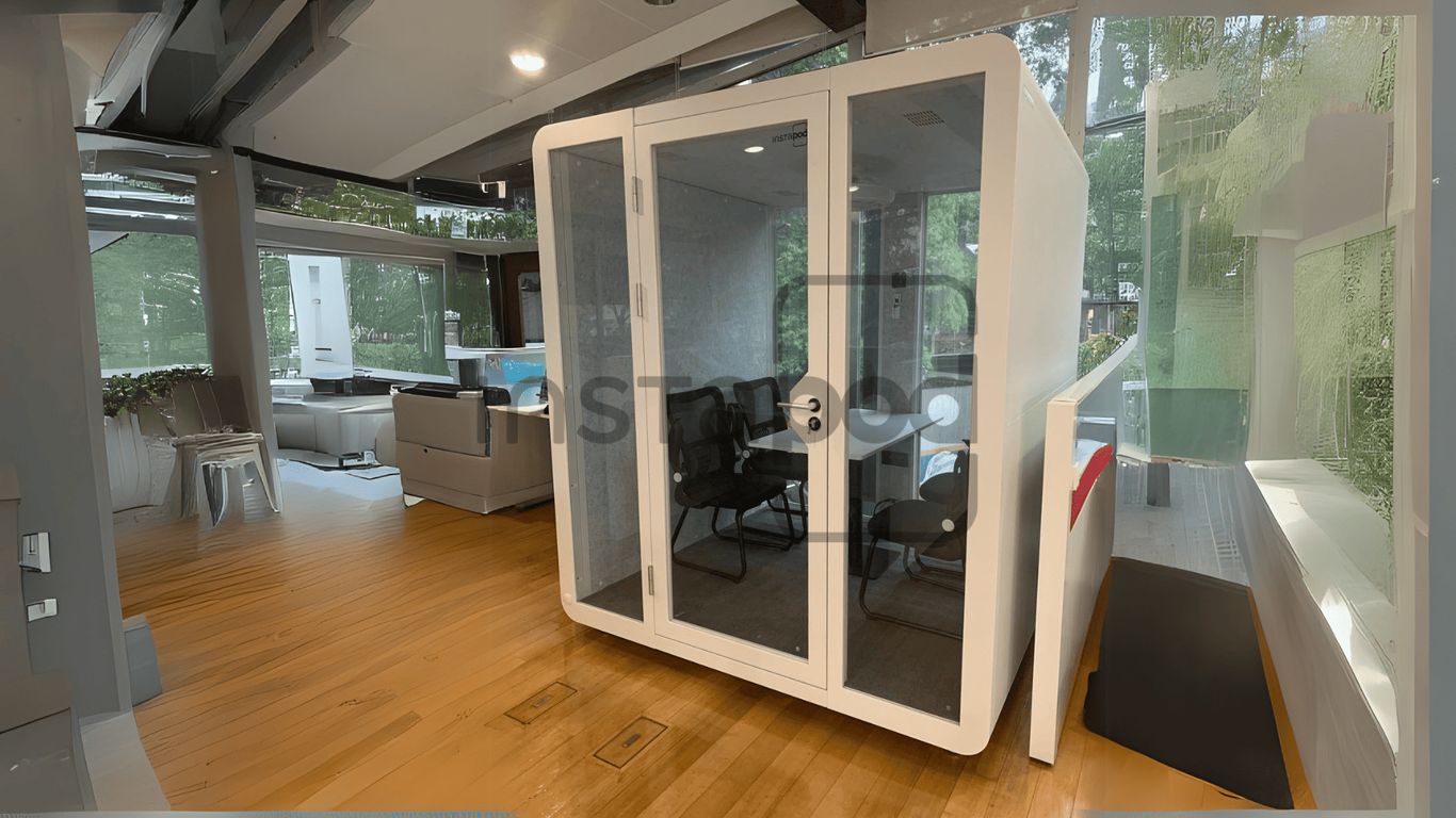 Modern office space featuring a glass meeting pod and seating.